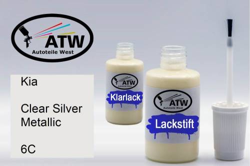 Kia, Clear Silver Metallic, 6C: 20ml Lackstift + 20ml Klarlack - Set, von ATW Autoteile West.